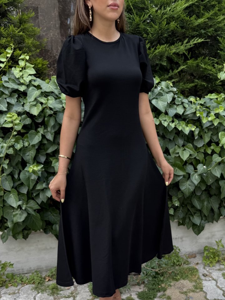 Kadın Kısa Balon Kollu Bisiklet Yaka Geniş Kesim Janjan Krep Elbise - Görsel 2