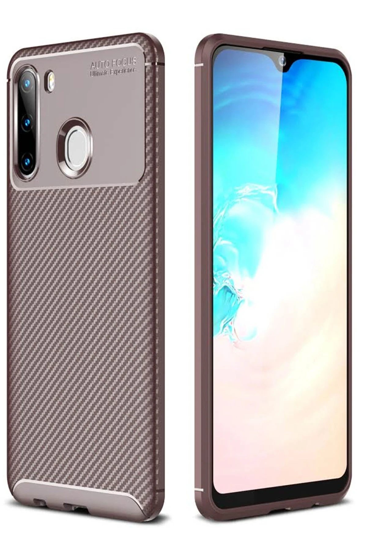 Samsung Galaxy A21 Kılıf Auto Focus Karbon Kapak - Kahverengi-(5796)
