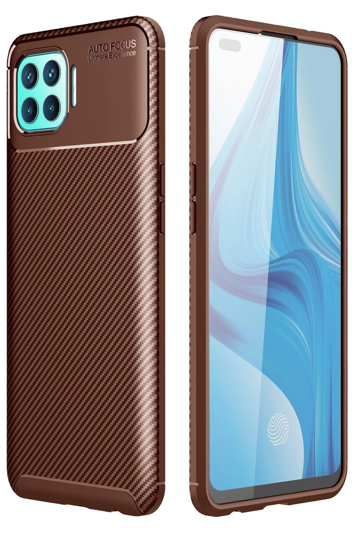 Oppo Reno 4 Lite Kılıf Auto Focus Karbon Kapak - Kahverengi-(5796)