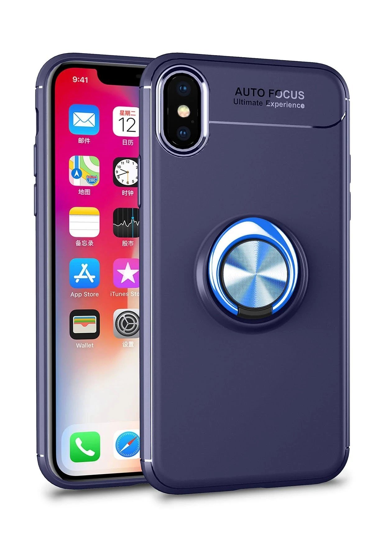 iPhone XS Max Kılıf Range Yüzüklü Silikon - Mavi-(5796)