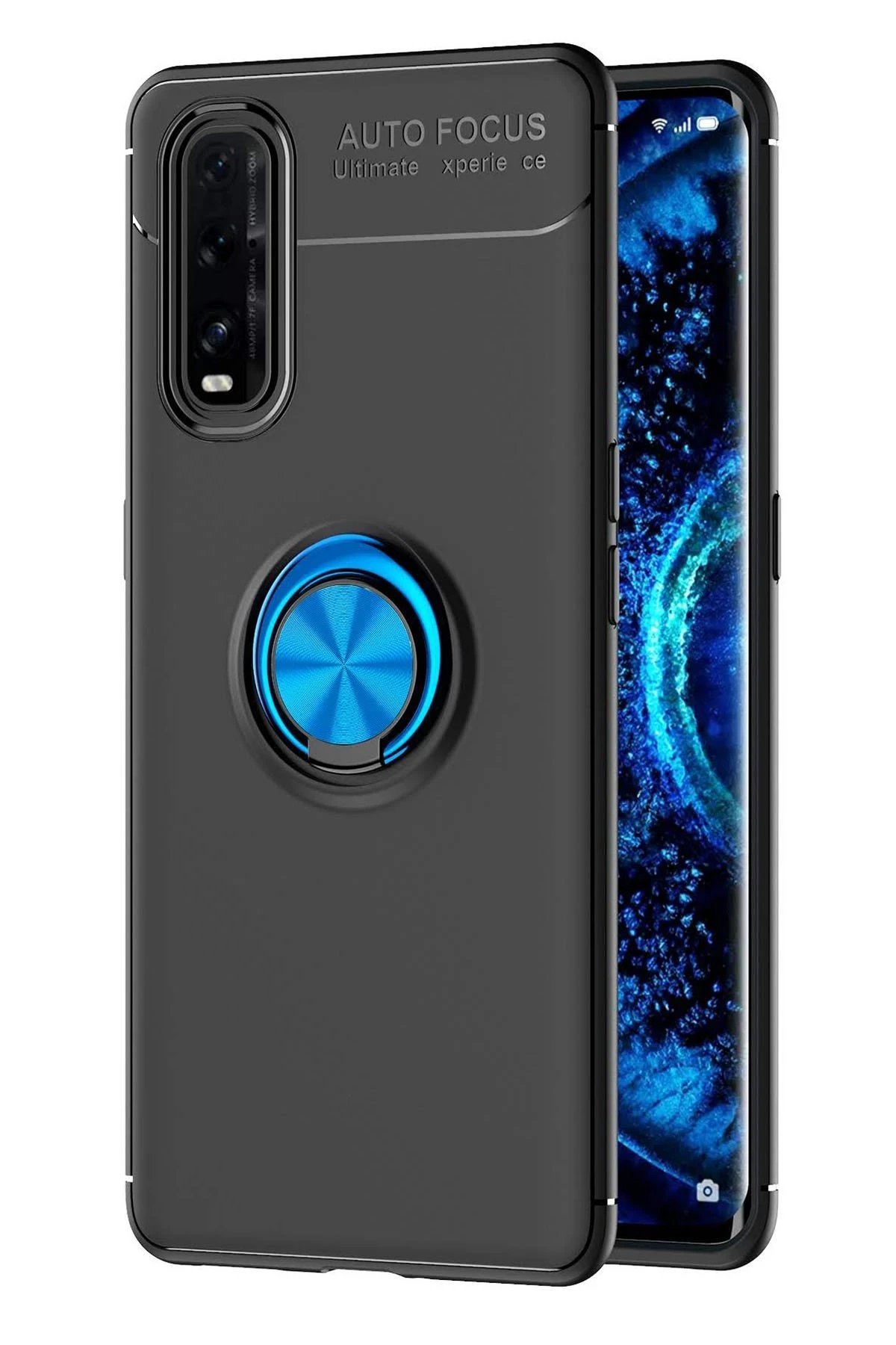 Oppo Find X2 Kılıf Range Yüzüklü Silikon - Siyah-Mavi-(5796)