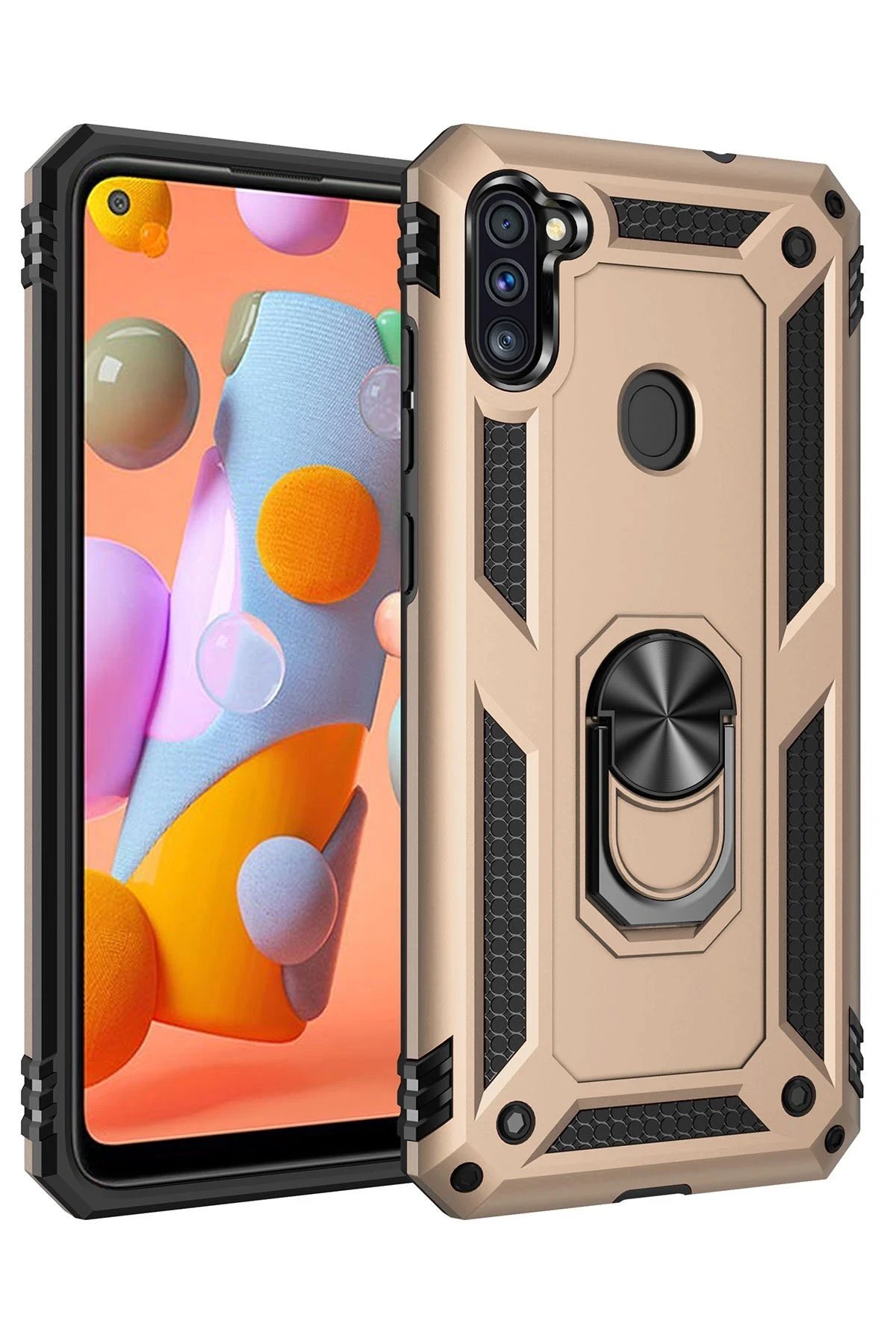 Samsung Galaxy A11 Kılıf Sofya Yüzüklü Silikon Kapak - Gold-(5796)