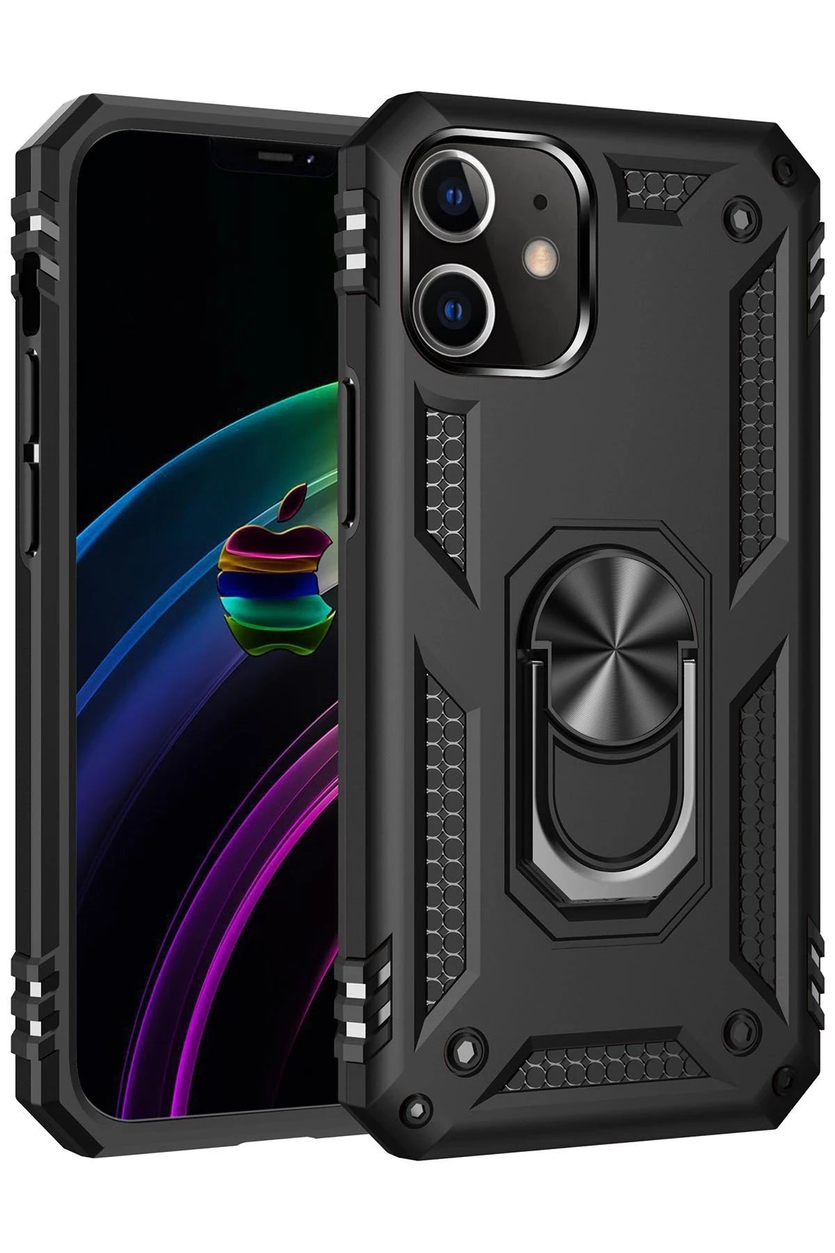 iPhone 12 Mini Kılıf Sofya Yüzüklü Silikon Kapak - Siyah-(5796)