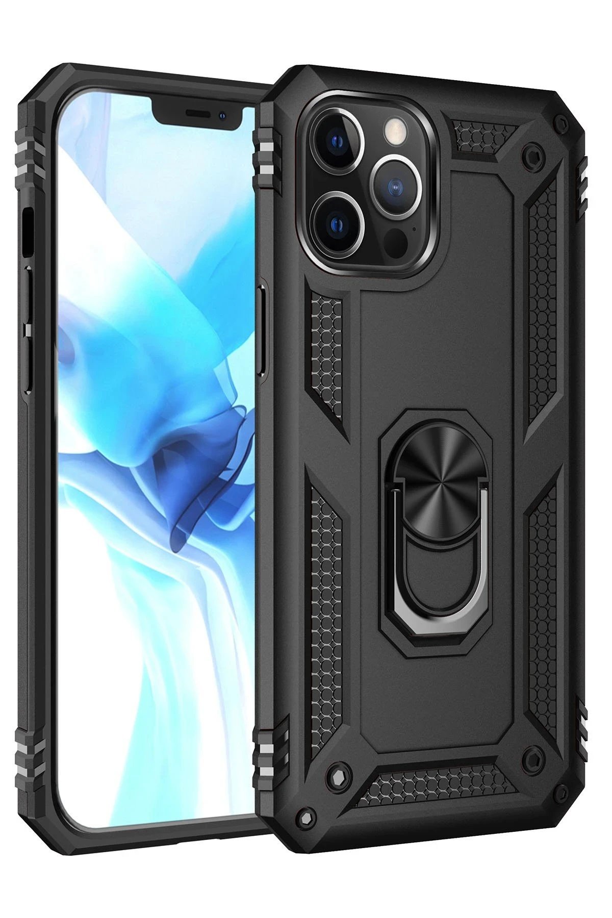 iPhone 12 Pro Max Kılıf Sofya Yüzüklü Silikon Kapak - Siyah-(5796)