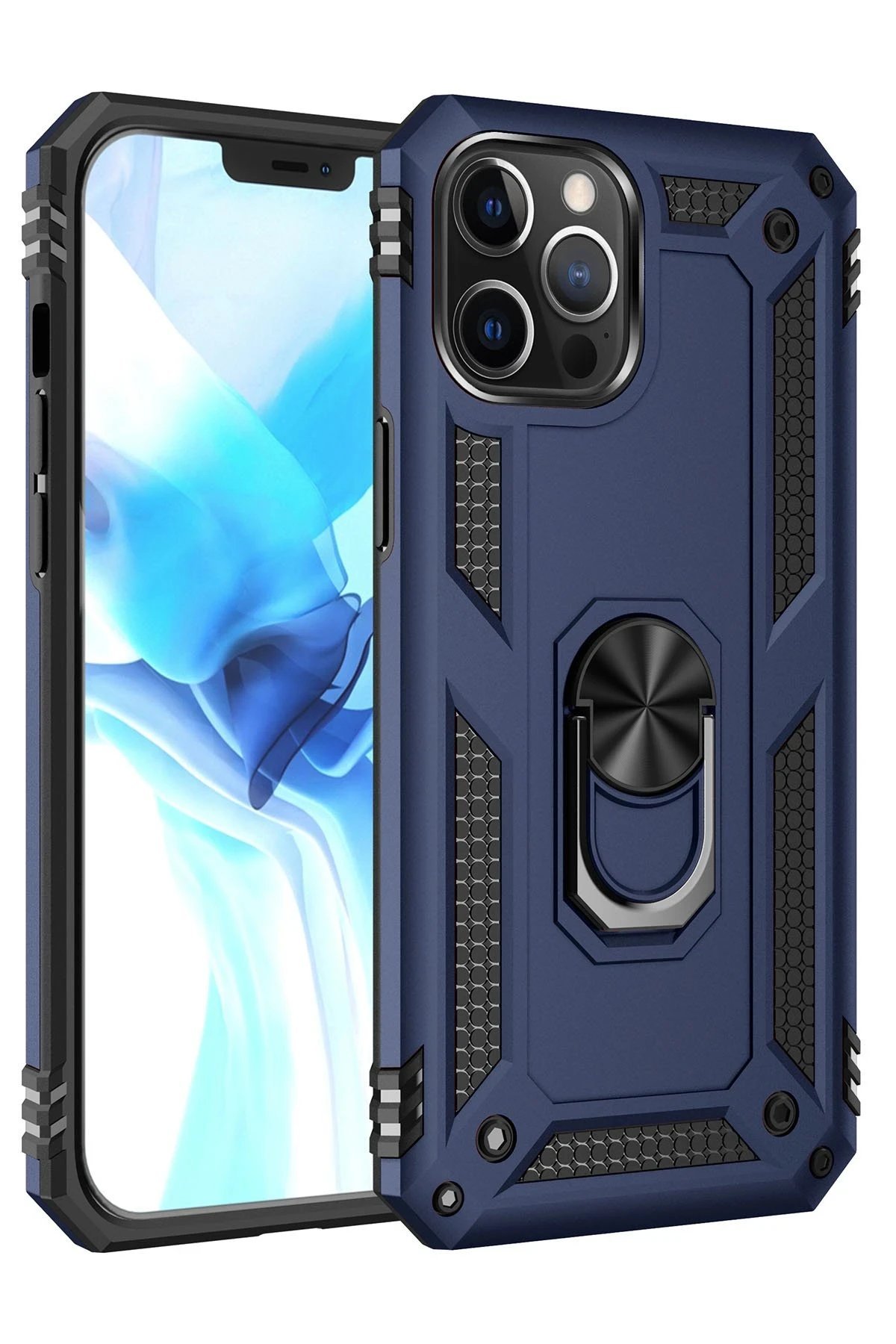 iPhone 12 Pro Max Kılıf Sofya Yüzüklü Silikon Kapak - Lacivert-(5796)