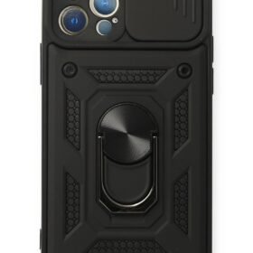 iPhone 12 Pro Kılıf Pars Lens Yüzüklü Silikon - Siyah-(5796)