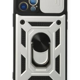 iPhone 12 Pro Kılıf Pars Lens Yüzüklü Silikon - Gümüş-(5796)