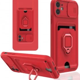 iPhone 11 Kılıf Zuma Kartvizitli Yüzüklü Silikon - Kırmızı-(5796)