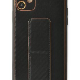 iPhone 12 Kılıf Coco Karbon Standlı Kapak - Siyah-(5796)