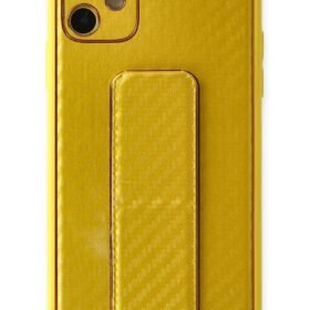 iPhone 12 Kılıf Coco Karbon Standlı Kapak - Sarı-(5796)