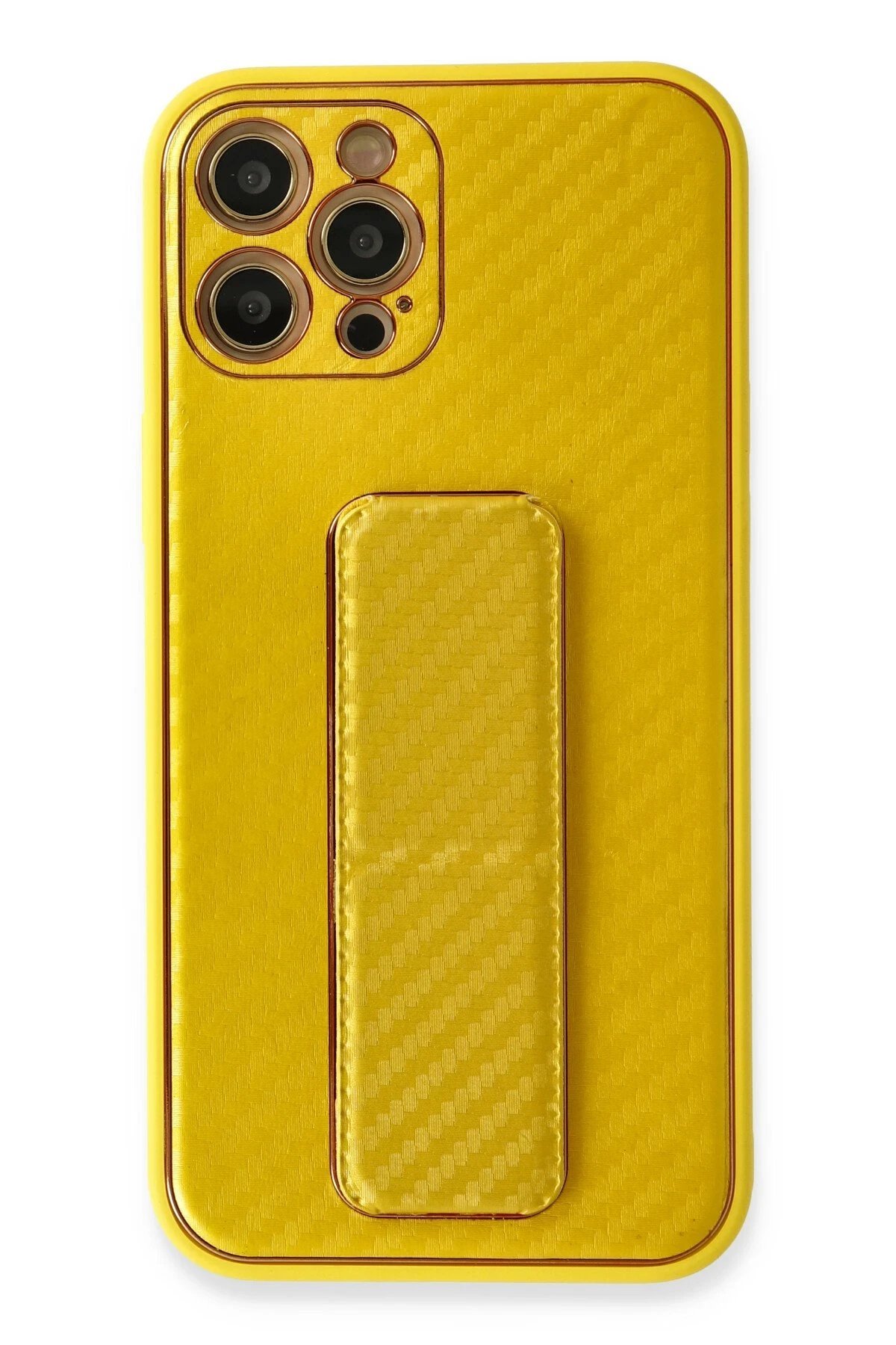 iPhone 12 Pro Kılıf Coco Karbon Standlı Kapak - Sarı-(5796)