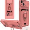 iPhone 14 Kılıf Zuma Kartvizitli Yüzüklü Silikon - Pembe-(5796)