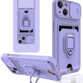 iPhone 14 Kılıf Zuma Kartvizitli Yüzüklü Silikon - Lila-(5796)