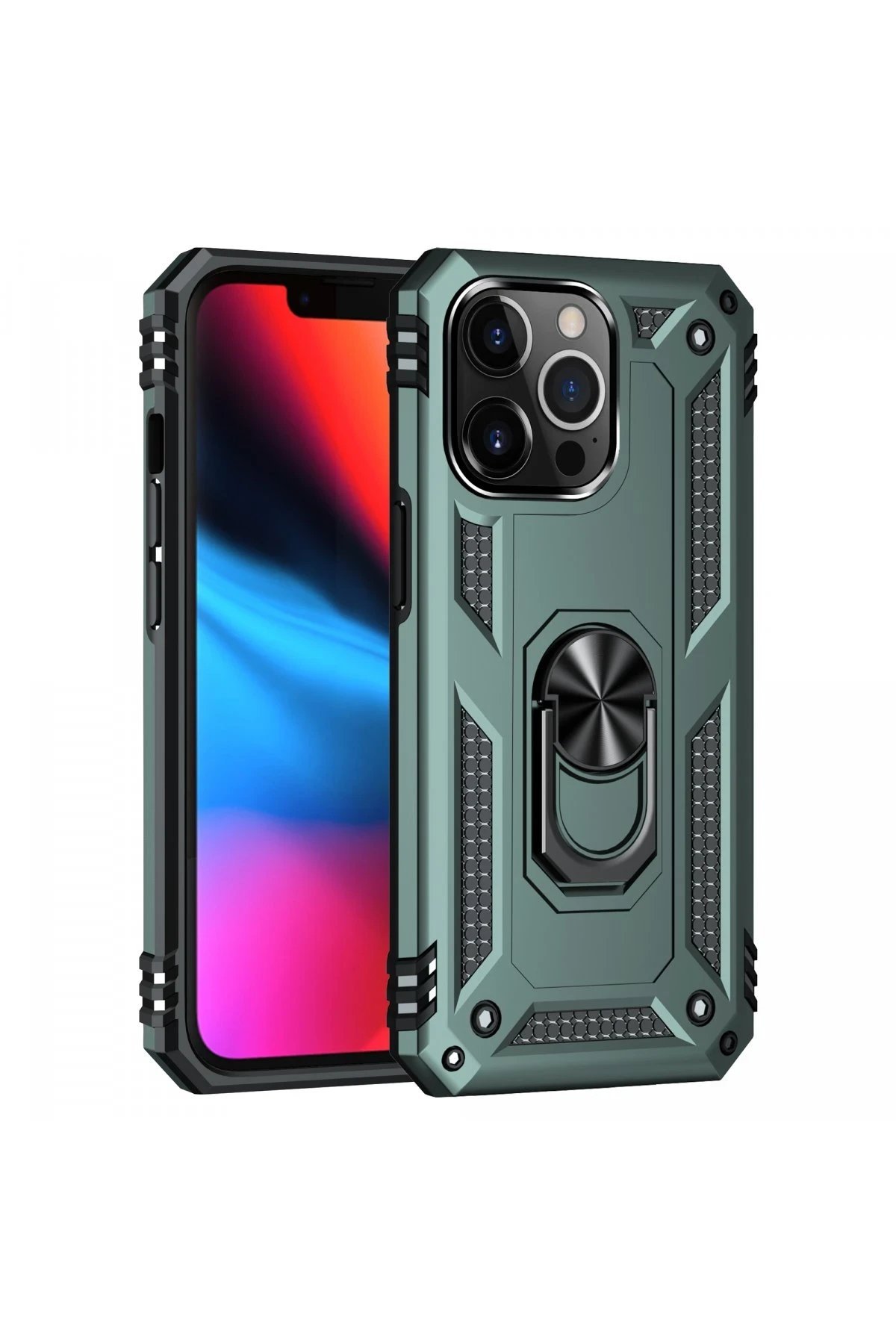 iPhone 14 Pro Kılıf Sofya Yüzüklü Silikon Kapak - Yeşil-(5796)