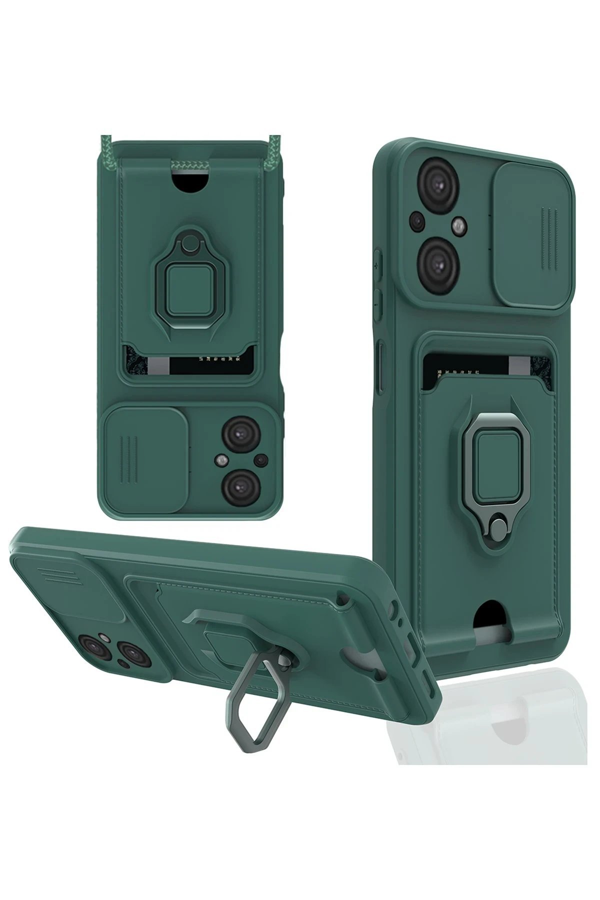 Xiaomi Poco M5 Kılıf Zuma Kartvizitli Yüzüklü Silikon - Yeşil-(5796)