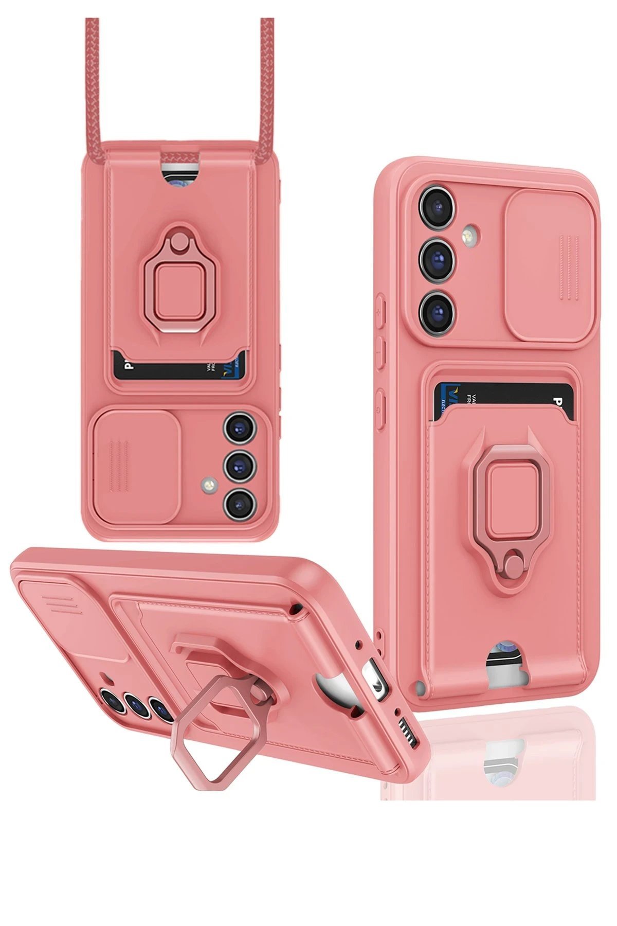 Samsung Galaxy A14 4G Kılıf Zuma Kartvizitli Yüzüklü Silikon - Pembe-(5796)