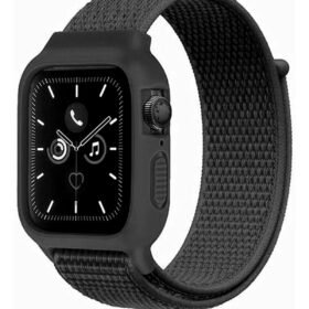 Apple Watch 38mm Hasırlı Cırtcırtlı Kasalı Kordon - Siyah-(5796)
