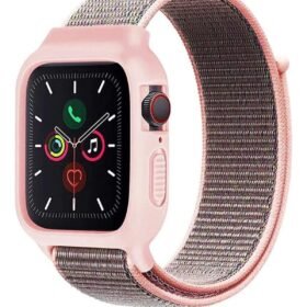 Apple Watch 38mm Hasırlı Cırtcırtlı Kasalı Kordon - Pembe-(5796)