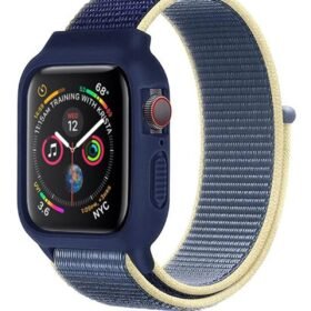 Apple Watch 38mm Hasırlı Cırtcırtlı Kasalı Kordon - Sarı-Lacivert-(5796)