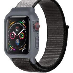 Apple Watch 38mm Hasırlı Cırtcırtlı Kasalı Kordon - Siyah-Gri-(5796)