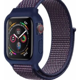Apple Watch 38mm Hasırlı Cırtcırtlı Kasalı Kordon - Lacivert-Mürdüm-(5796)