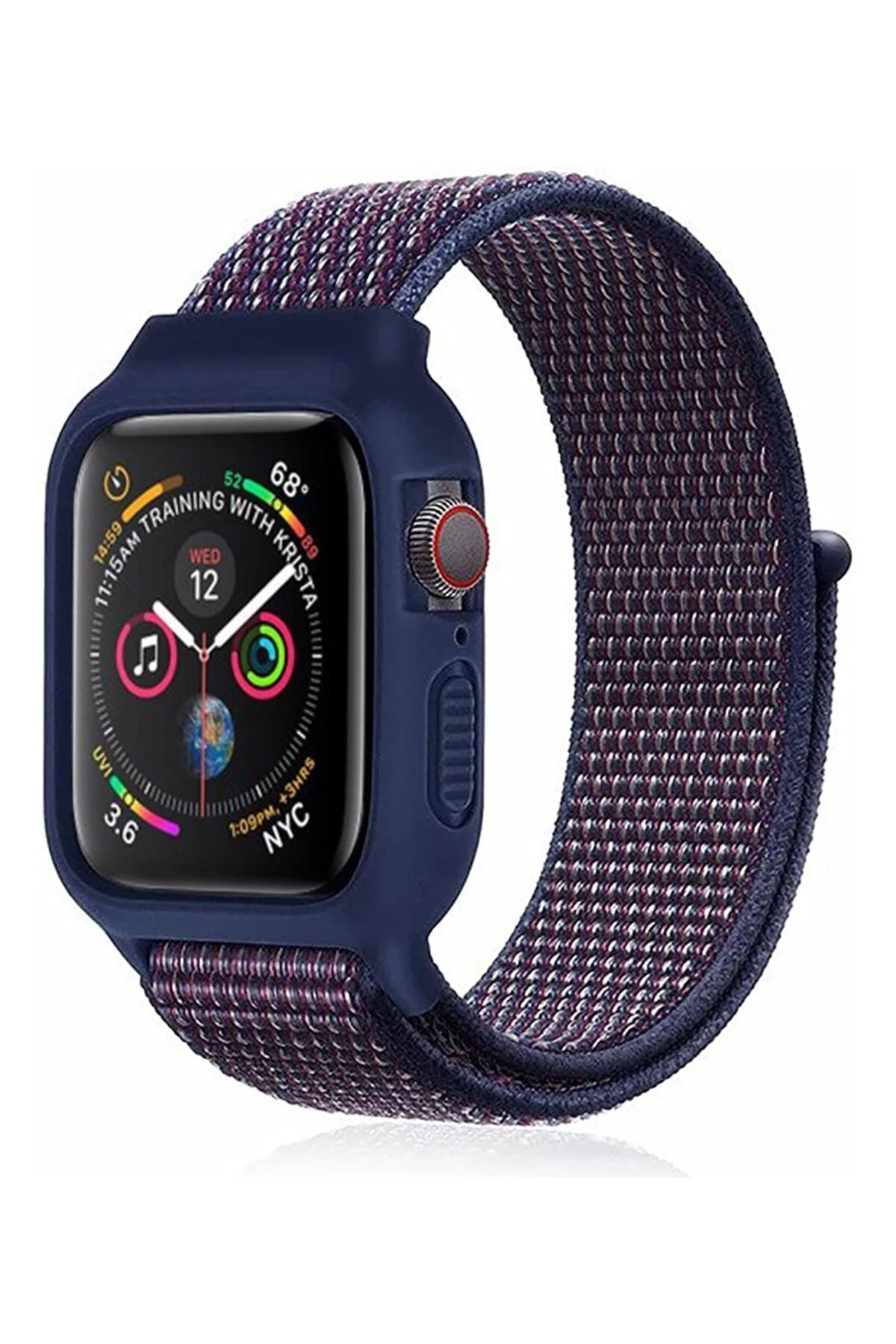 Apple Watch 38mm Hasırlı Cırtcırtlı Kasalı Kordon - Lacivert-Mürdüm-(5796)