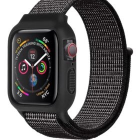 Apple Watch 38mm Hasırlı Cırtcırtlı Kasalı Kordon - Benekli Siyah-(5796)