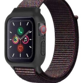 Apple Watch 38mm Hasırlı Cırtcırtlı Kasalı Kordon - Siyah-Mavi-(5796)