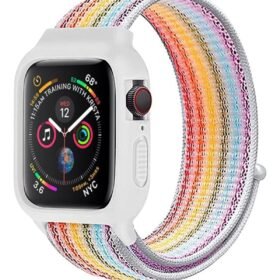 Apple Watch 42mm Hasırlı Cırtcırtlı Kasalı Kordon - Gökkuşağı 2-(5796)