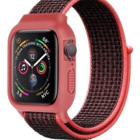 Apple Watch 42mm Hasırlı Cırtcırtlı Kasalı Kordon - Siyah-Pembe-(5796)