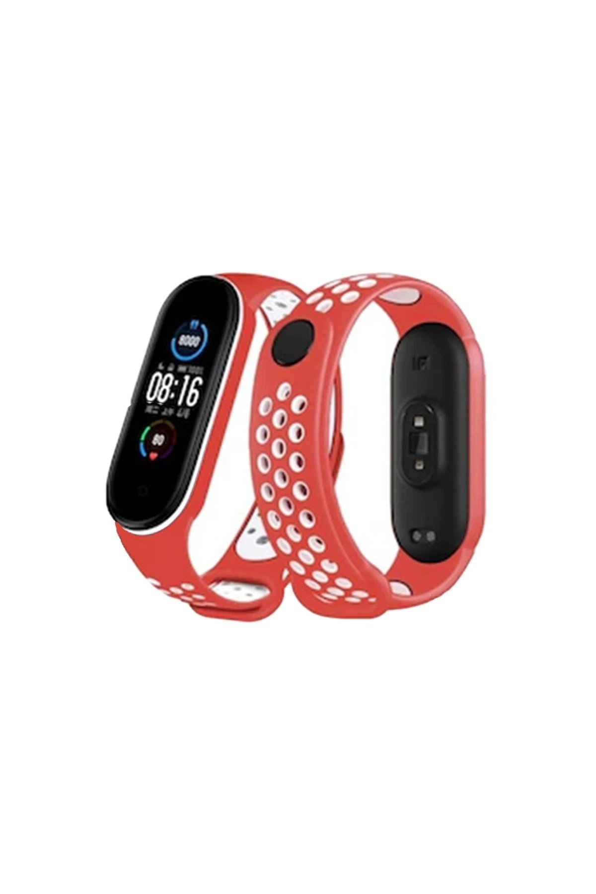 Xiaomi Mi Band 6 Spor Delikli Kordon - Kırmızı-Beyaz-(5796)
