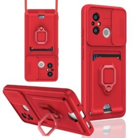 Xiaomi Redmi 12C Kılıf Zuma Kartvizitli Yüzüklü Silikon - Kırmızı-(5796)