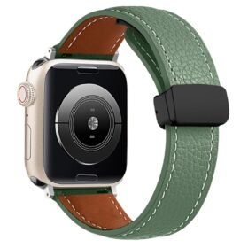 Apple Watch 42mm KR414 Daks Deri Kordon - Koyu Yeşil-(5796)