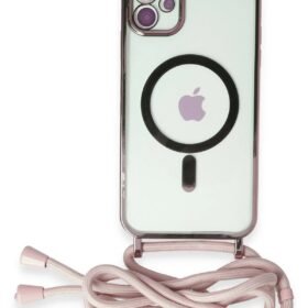 iPhone 12 Kılıf Divo Lazer Askılı Magsafe Kapak - Pembe-(5796)
