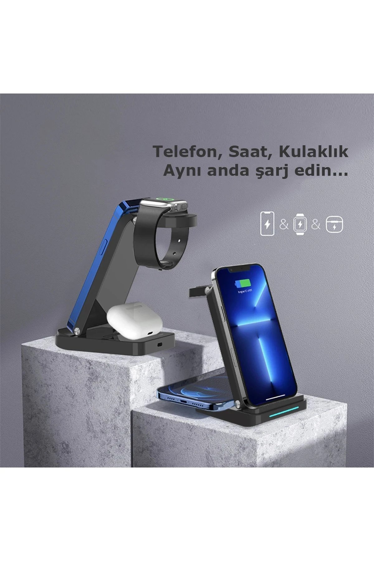 S90 4in1 Kablosuz Şarj Masaüstü Set - Siyah-(5796) - Görsel 2