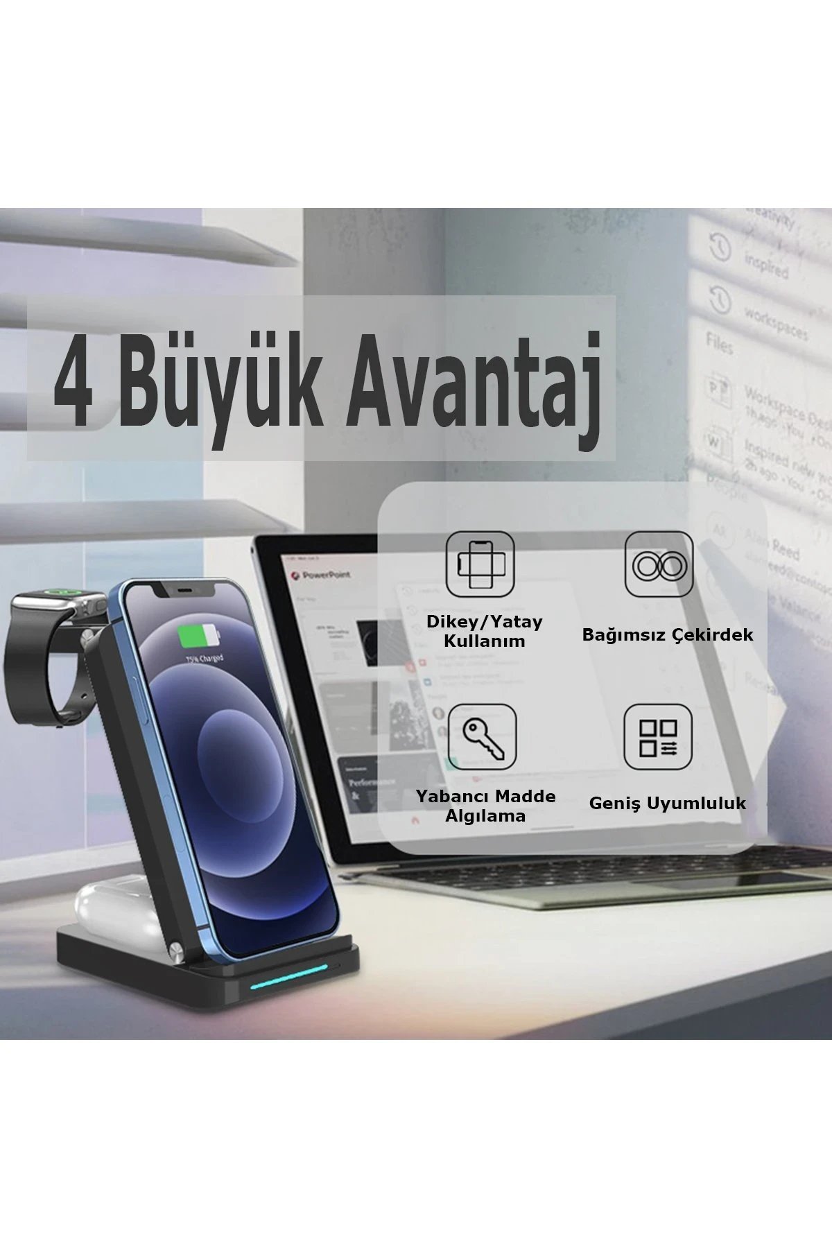 S90 4in1 Kablosuz Şarj Masaüstü Set - Siyah-(5796) - Görsel 3