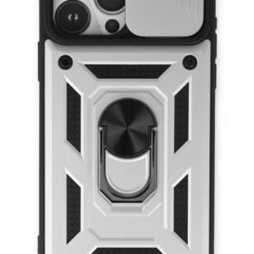 iPhone 15 Pro Kılıf Pars Lens Yüzüklü Silikon - Gümüş-(5796)