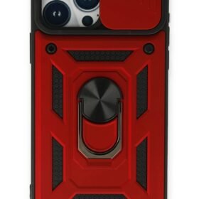 iPhone 15 Pro Max Kılıf Pars Lens Yüzüklü Silikon - Kırmızı-(5796)