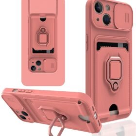 iPhone 15 Kılıf Zuma Kartvizitli Yüzüklü Silikon - Pembe-(5796)