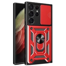 Samsung Galaxy S23 Ultra Kılıf Pars Lens Yüzüklü Silikon - Kırmızı-(5796)