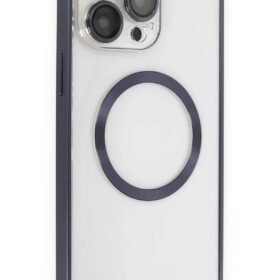 iPhone 15 Pro Max Kılıf Metal Bumper Magneticsafe Kapak - Lacivert-(5796)