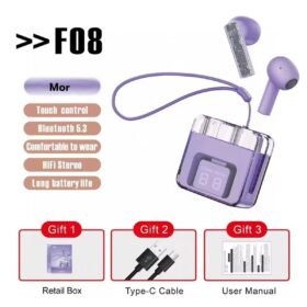 F08 Dijital Şarj Göstergeli TWS Bluetooth Kulaklık - Mor-(5796)