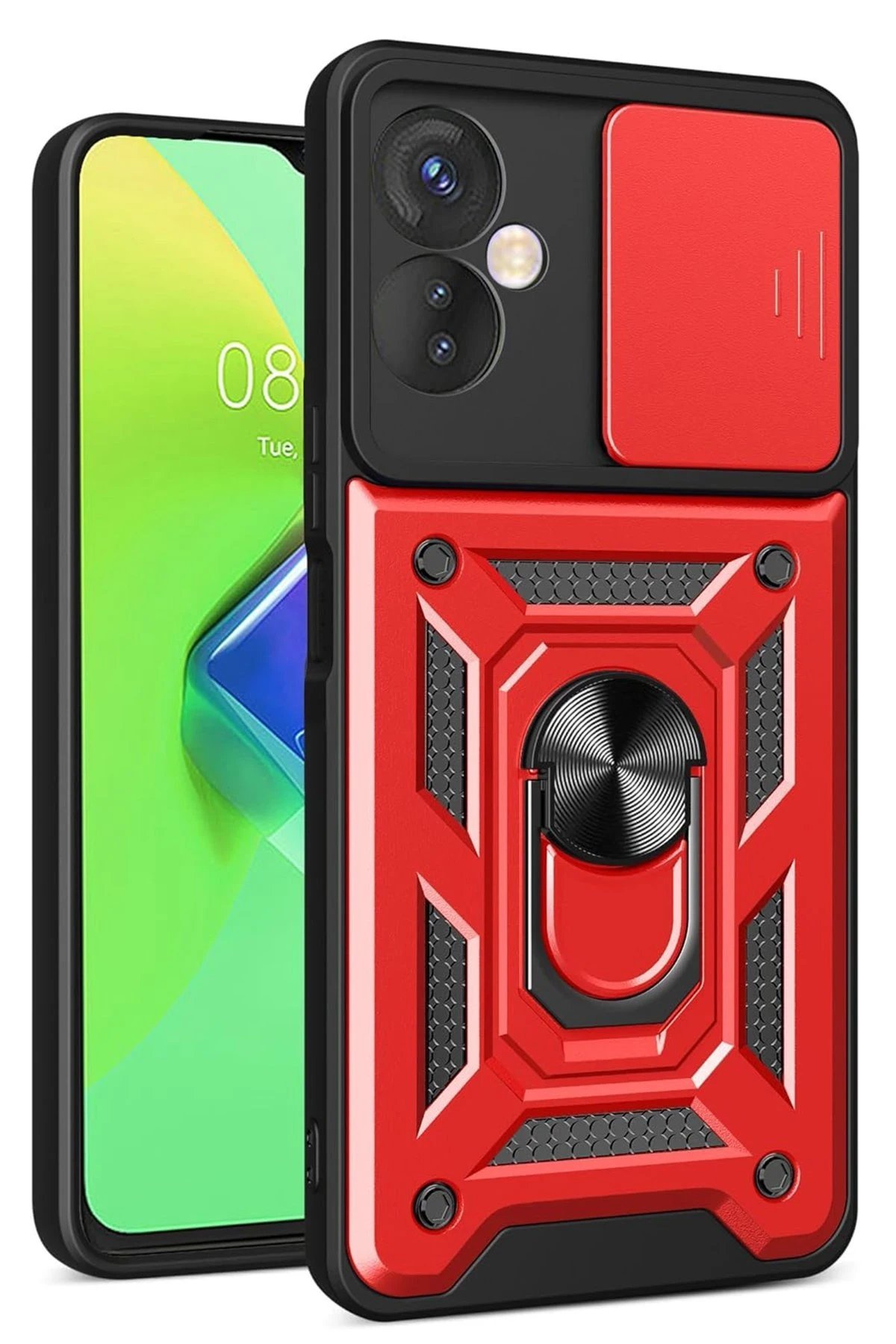 İnfinix Hot 30 4G Kılıf Pars Lens Yüzüklü Silikon - Kırmızı-(5796)