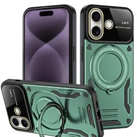 iPhone 16 Kılıf Joy Lens Standlı Kapak - Koyu Yeşil-(5796)