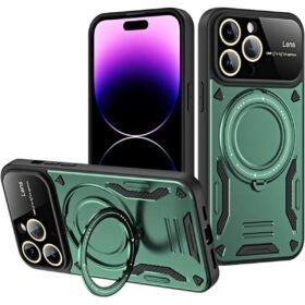 iPhone 16 Pro Max Kılıf Joy Lens Standlı Kapak - Koyu Yeşil-(5796)