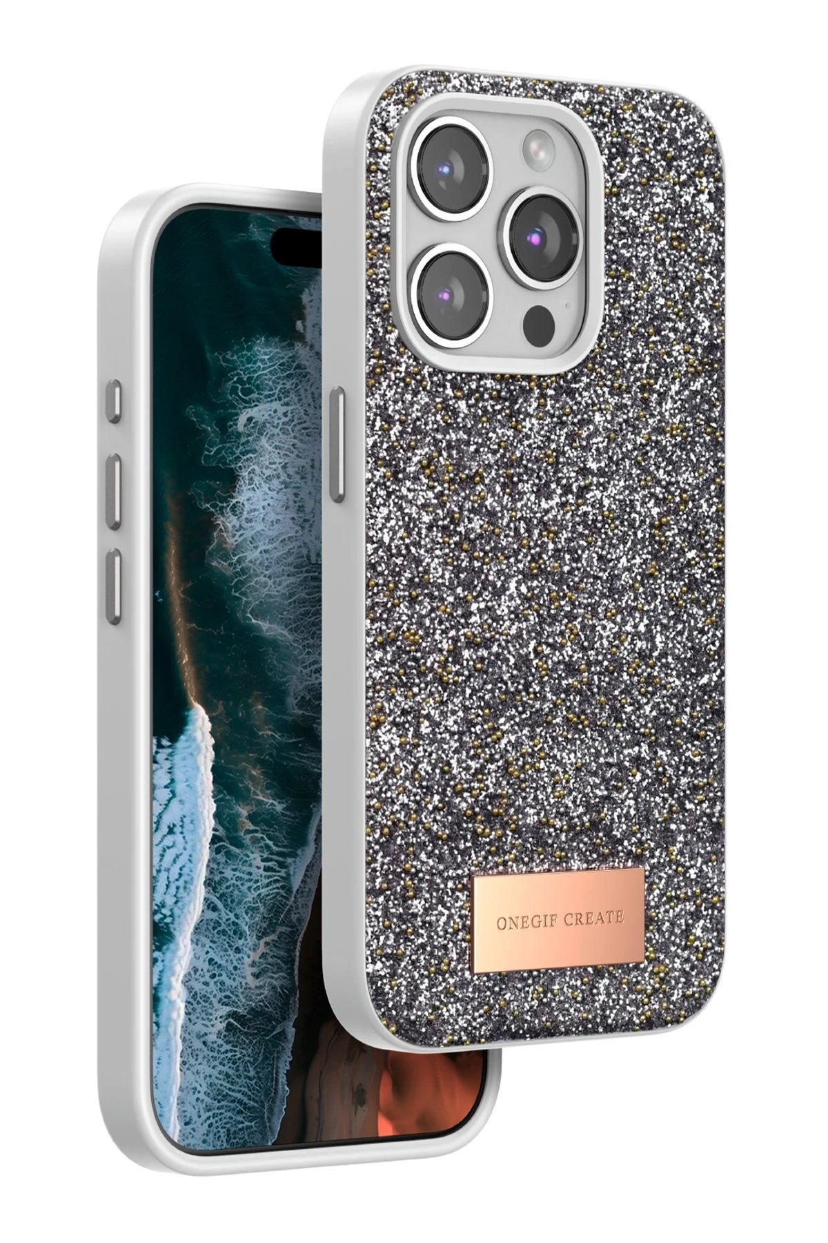 iPhone 15 Pro Max Bright Simli Kapak - Gümüş-(5796)