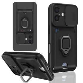 iPhone 16 Kılıf Zuma Kartvizitli Yüzüklü Silikon - Siyah-(5796)