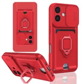 iPhone 16 Kılıf Zuma Kartvizitli Yüzüklü Silikon - Kırmızı-(5796)