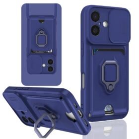 iPhone 16 Kılıf Zuma Kartvizitli Yüzüklü Silikon - Lacivert-(5796)