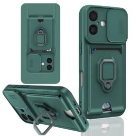 iPhone 16 Kılıf Zuma Kartvizitli Yüzüklü Silikon - Yeşil-(5796)